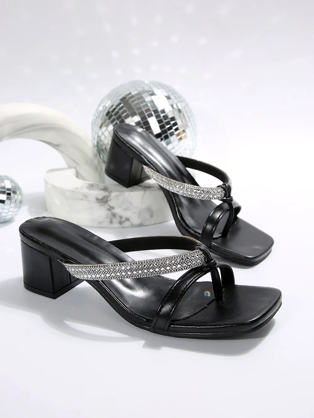 Rhinestone Embellished Block Heel Sandals