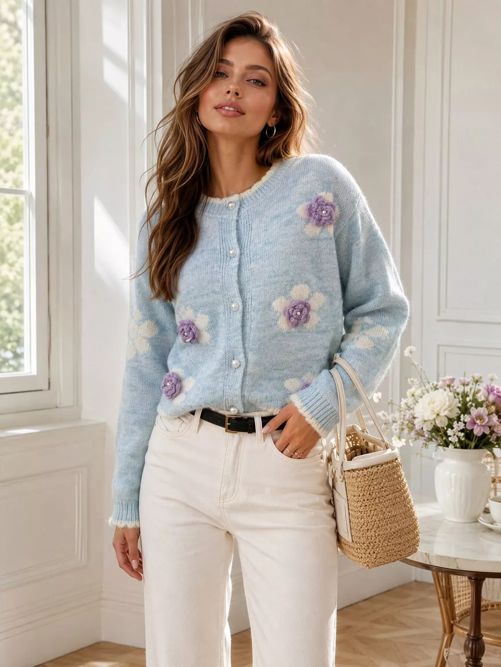 Floral Applique Button-Down Knit Cardigan, image 8