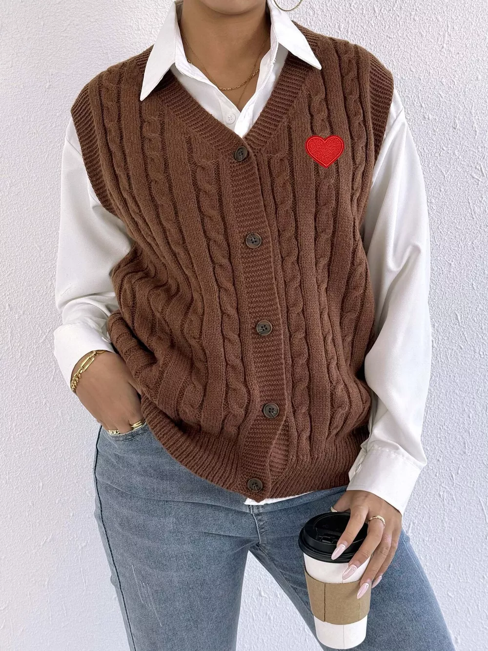 V-Neck Cable Knit Button-Down Sweater Vest with Heart Embroidery, image 10