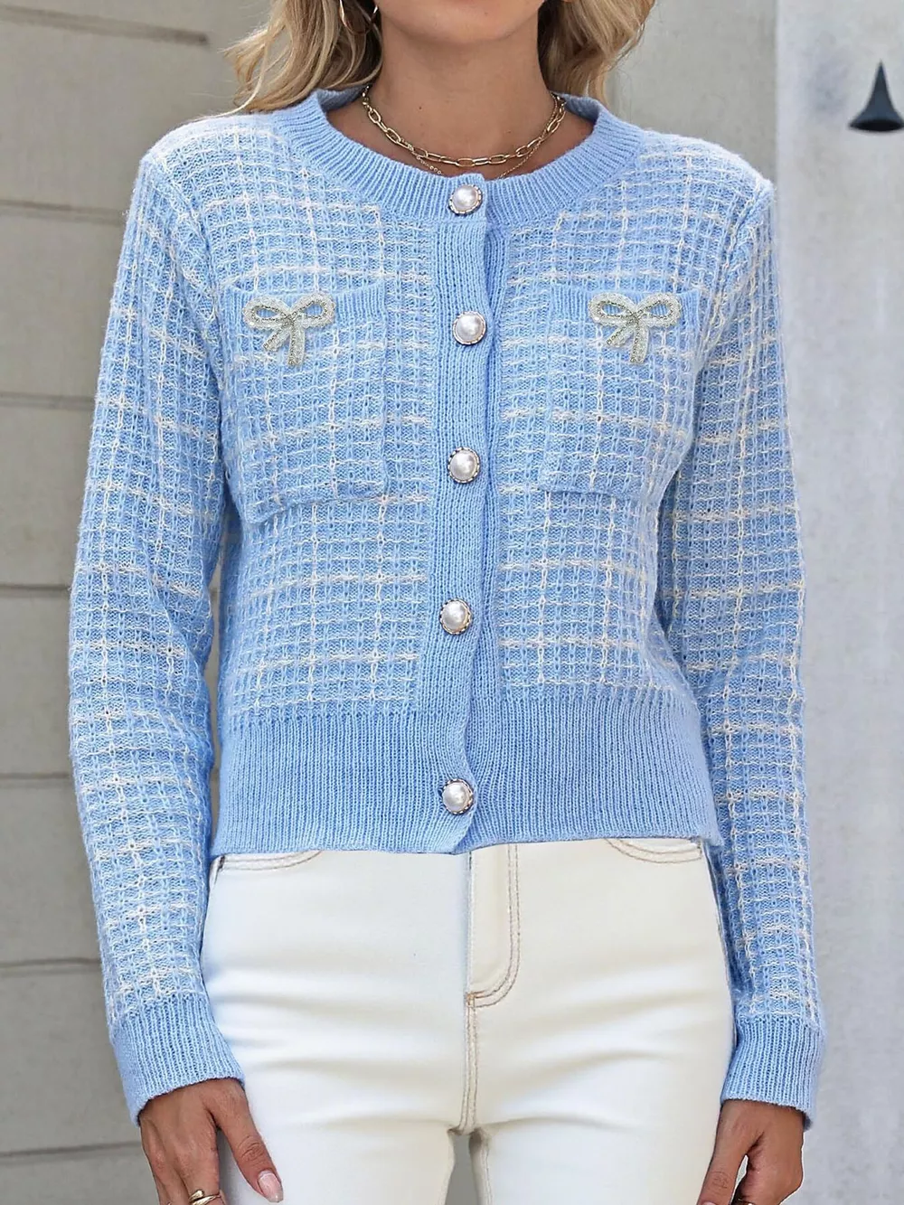 Tweed-Style Bow Button-Down Cardigan, image 9