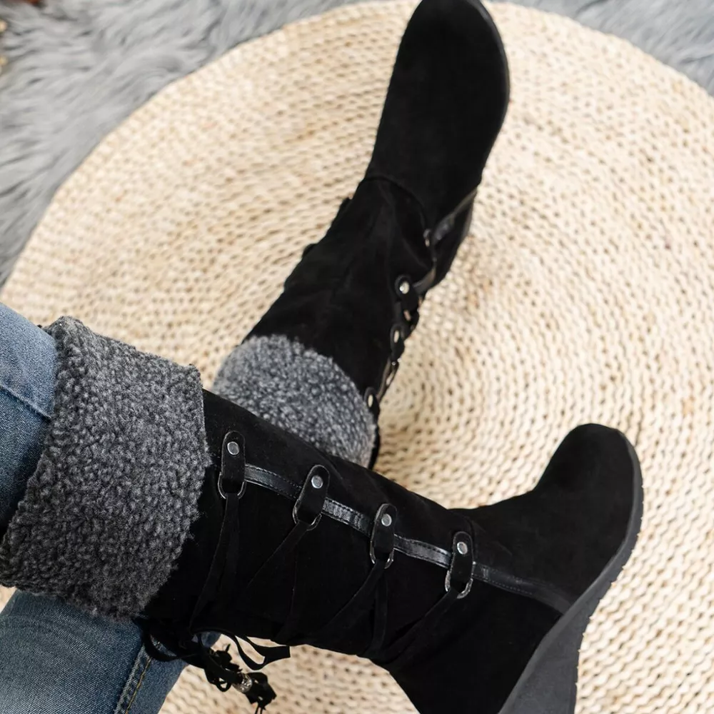Faux Fur Lined Suede Wedge Boots with Lace-Up Detail, image 7