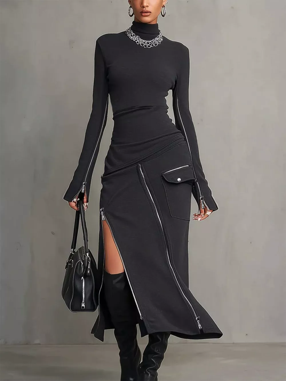 Mock Neck Long Sleeve Zipper Detail Maxi Dress
