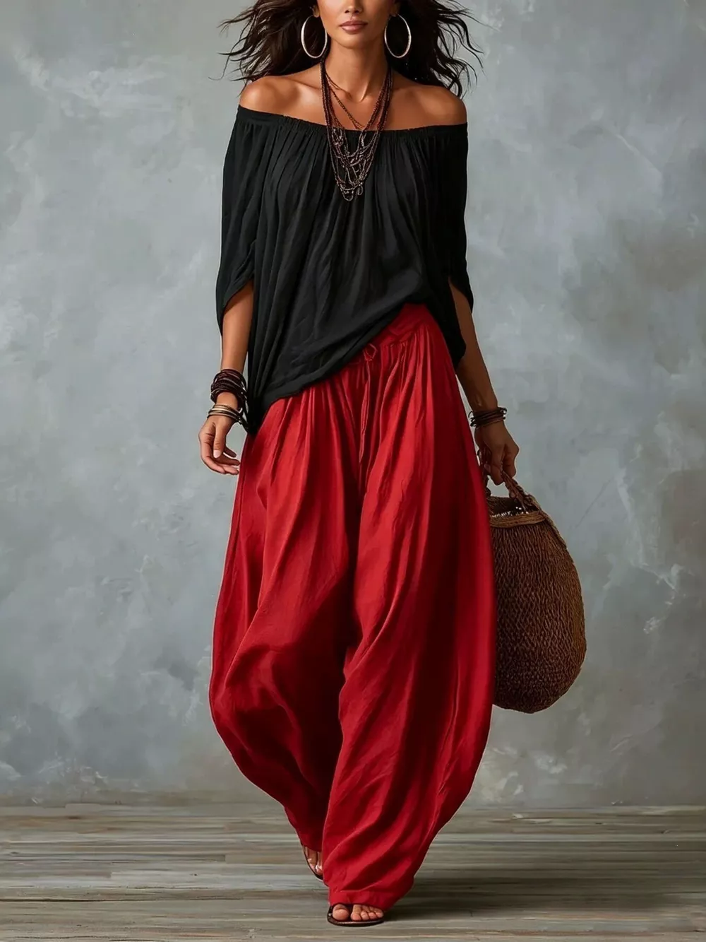 Full Size Off-Shoulder Top and Wide-Leg Harem Pants Set Plus Size, image 5