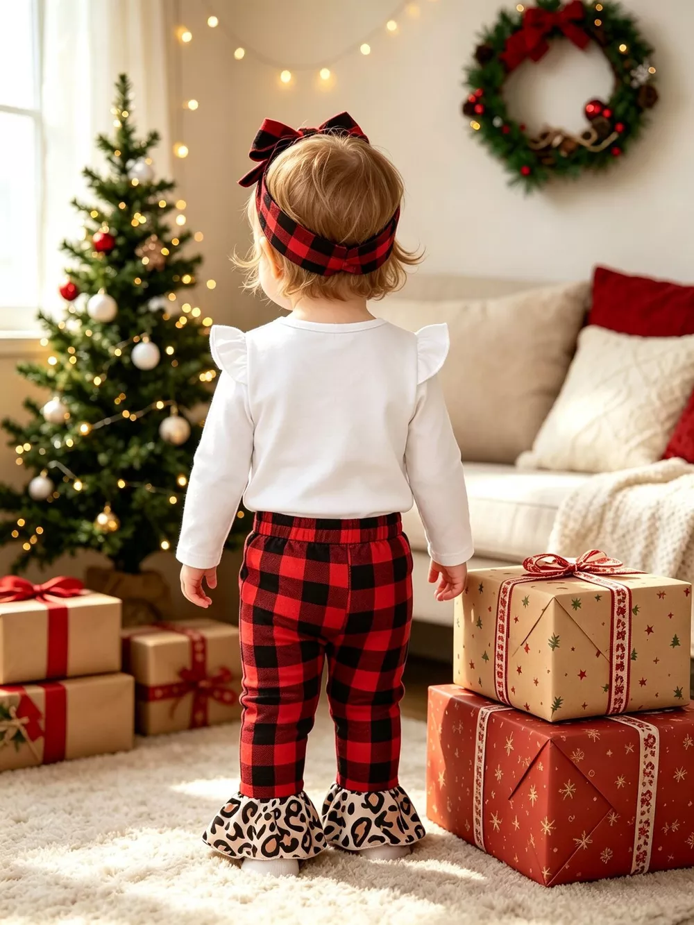 Children's Christmas Tree Graphic Top and Plaid Ruffle Pants Set with Headband, image 3