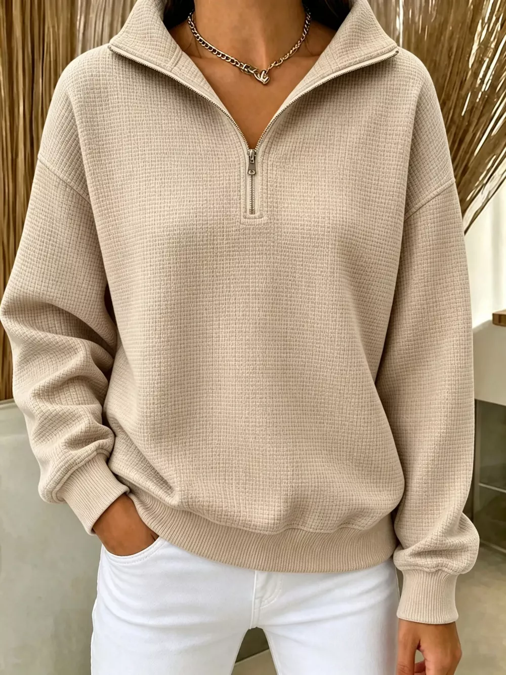Full Size Waffle Knit Quarter-Zip Sweatshirt Plus Size, image 4