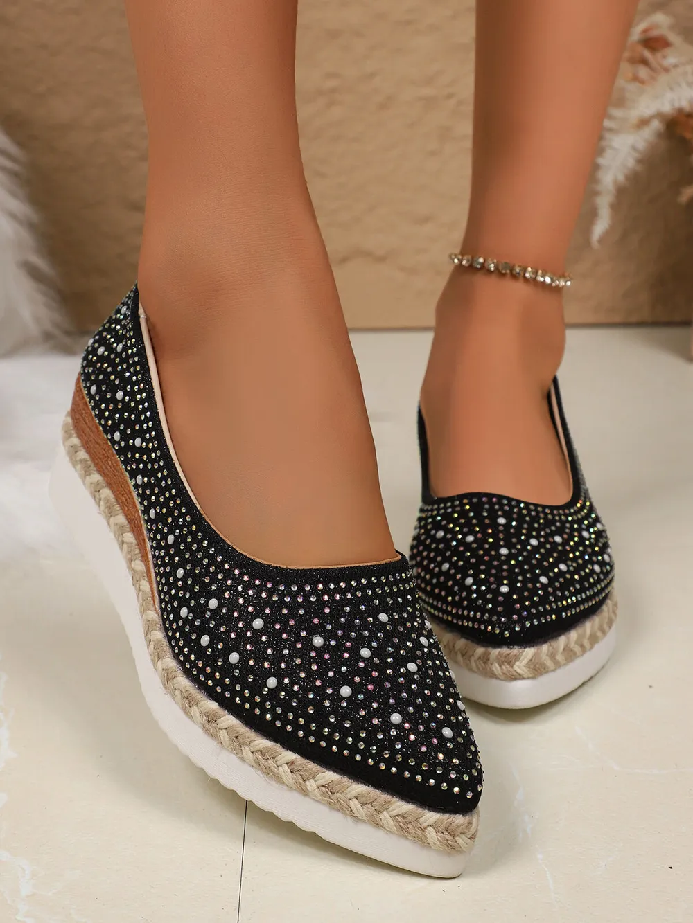 Rhinestone Point Toe Wedge Slip-Ons