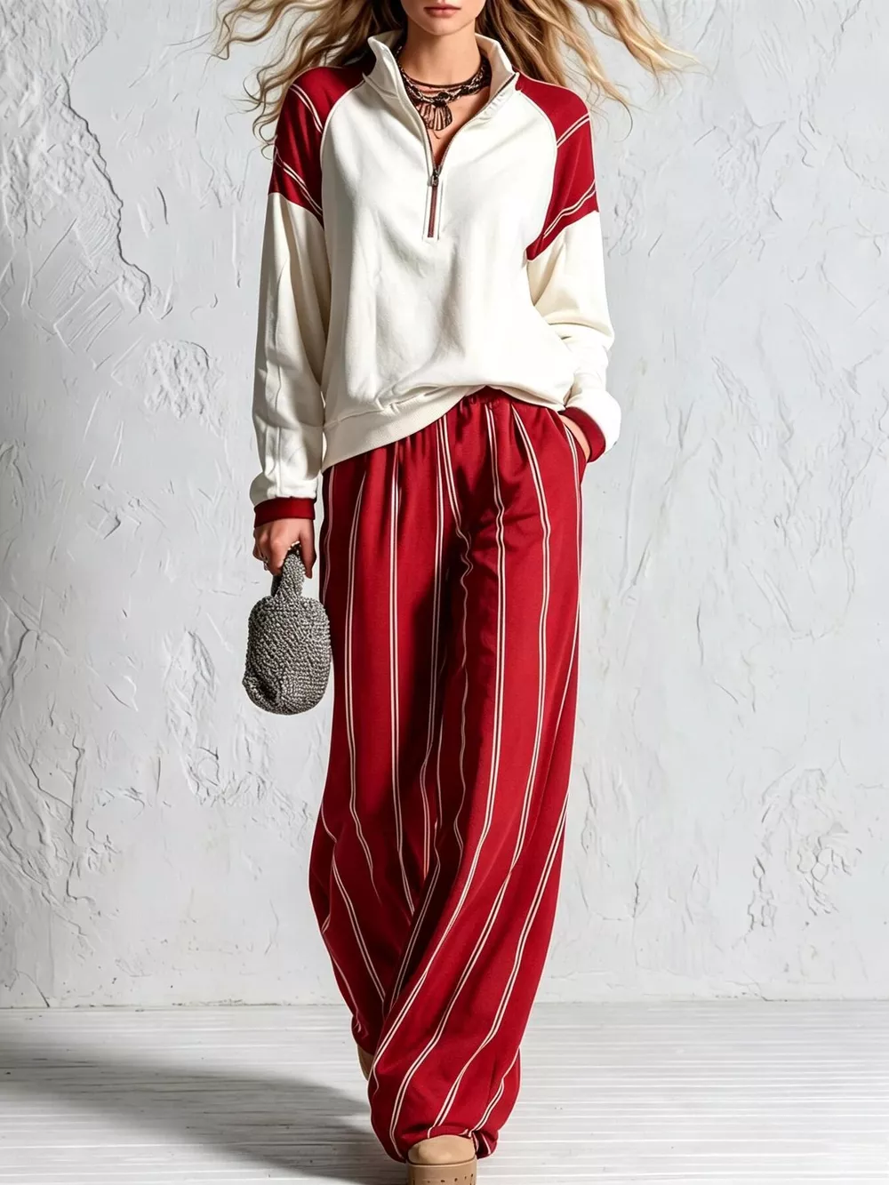 Quarter-Zip Sweatshirt and Striped Wide-Leg Pants Set, image 9