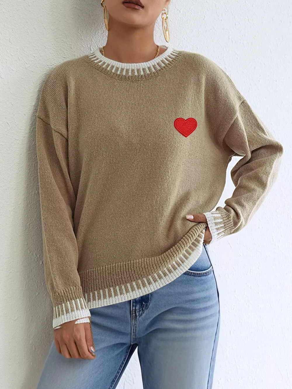 Heart-Embroidered Contrast Trim Sweater, image 3