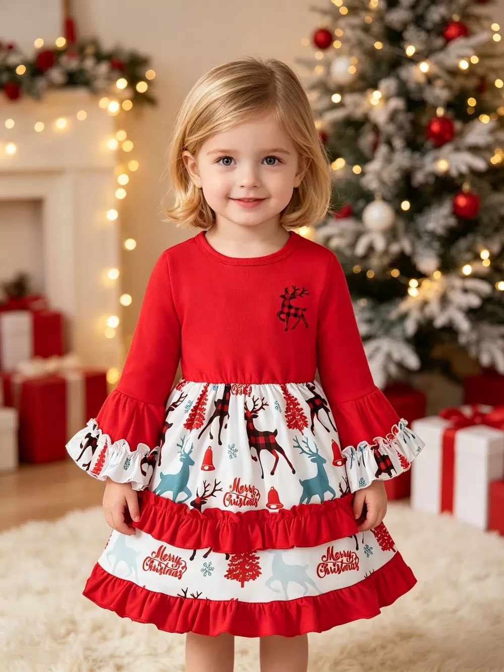 Children's Christmas Reindeer Print Ruffle Hem Long Sleeve Dress