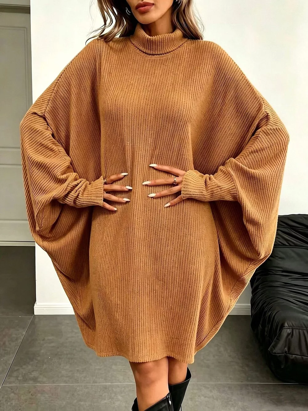 Oversized Batwing Sleeve Ribbed Knit Turtleneck Dress, image 18