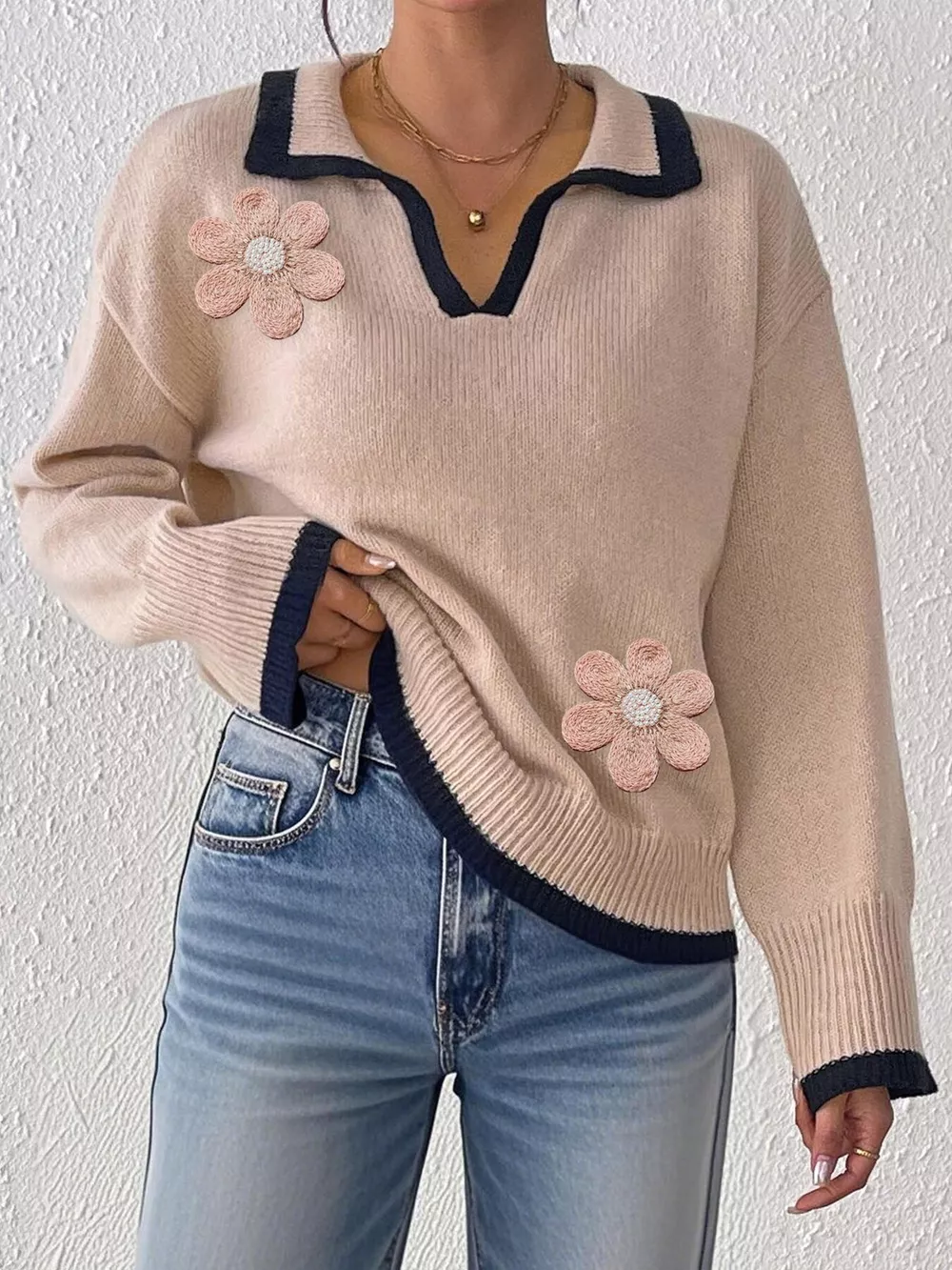 Flower Contrast Trim Dropped Shoulder Sweater, image 7