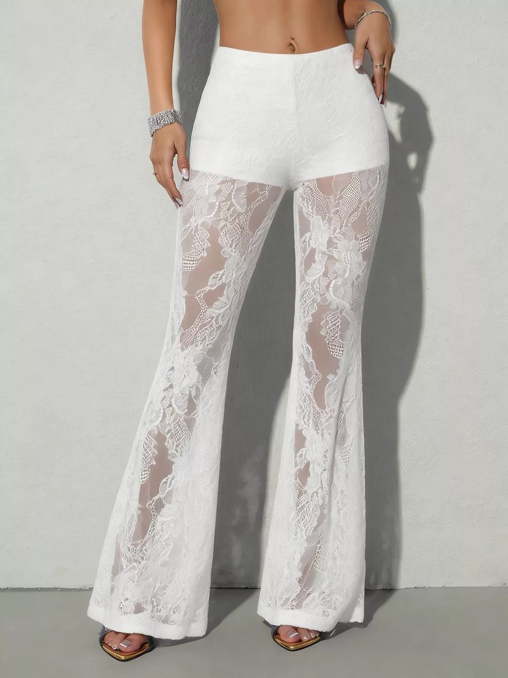 High-Waisted Sheer Floral Lace Flare Pants, image 4