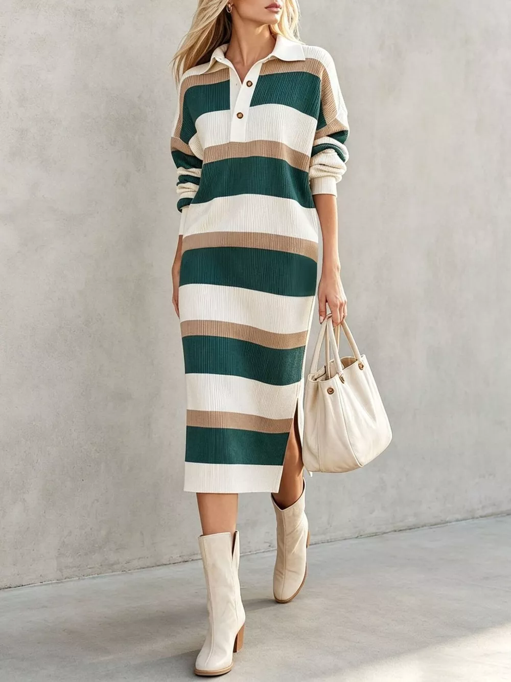 Striped Polo Collar Long Sleeve Sweater Dress, image 2
