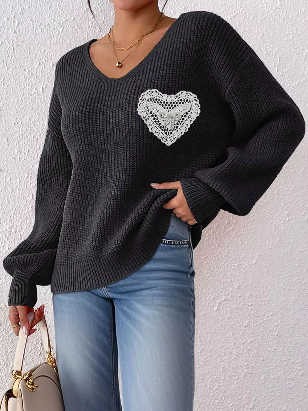 Lace Heart Dropped Shoulder Sweater, image 8