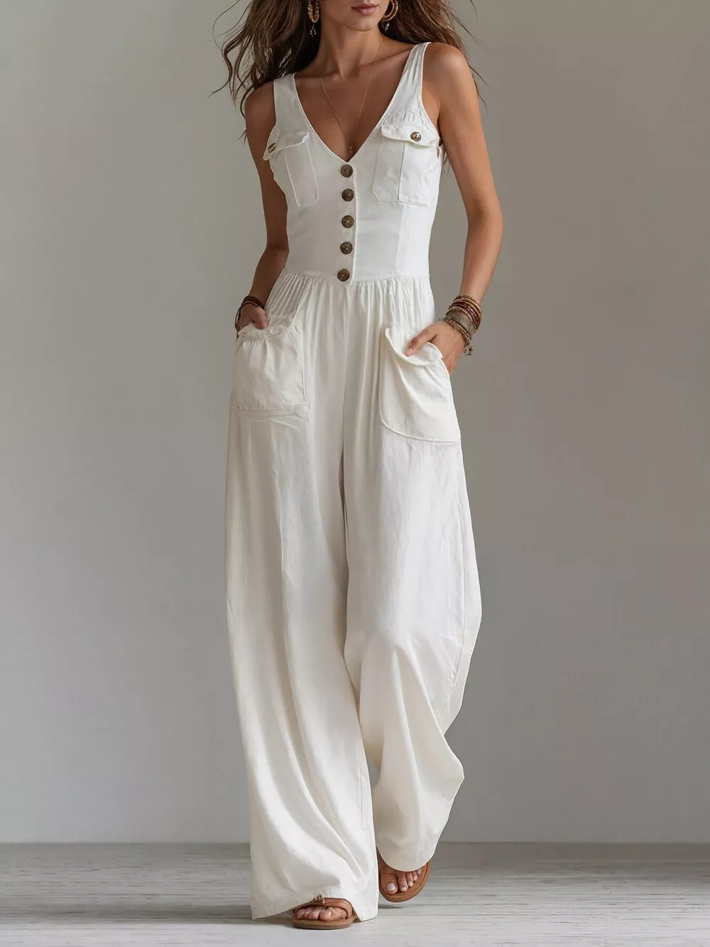 Sleeveless Button-Front Jumpsuit, image 2