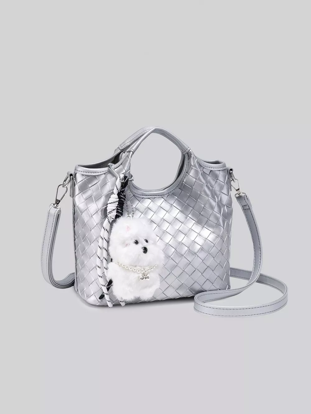 Metallic Woven Shoulder Bag with Cute Plush Bear Charm, image 5