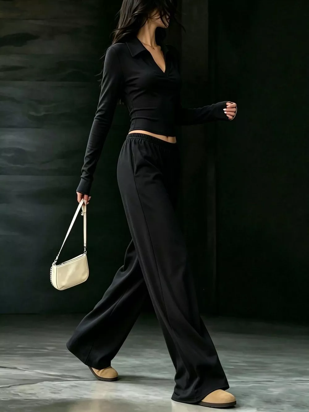 Long-Sleeve Polo Top and Wide-Leg Pants Set, image 13