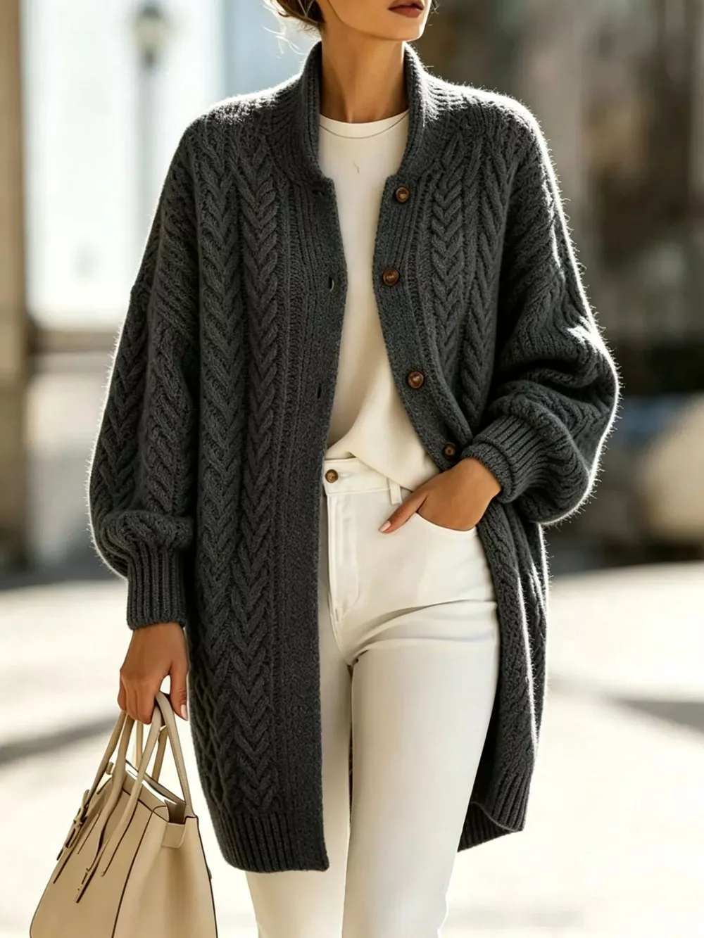 Full Size Cable-Knit Button-Down Cardigan Plus Size, image 9