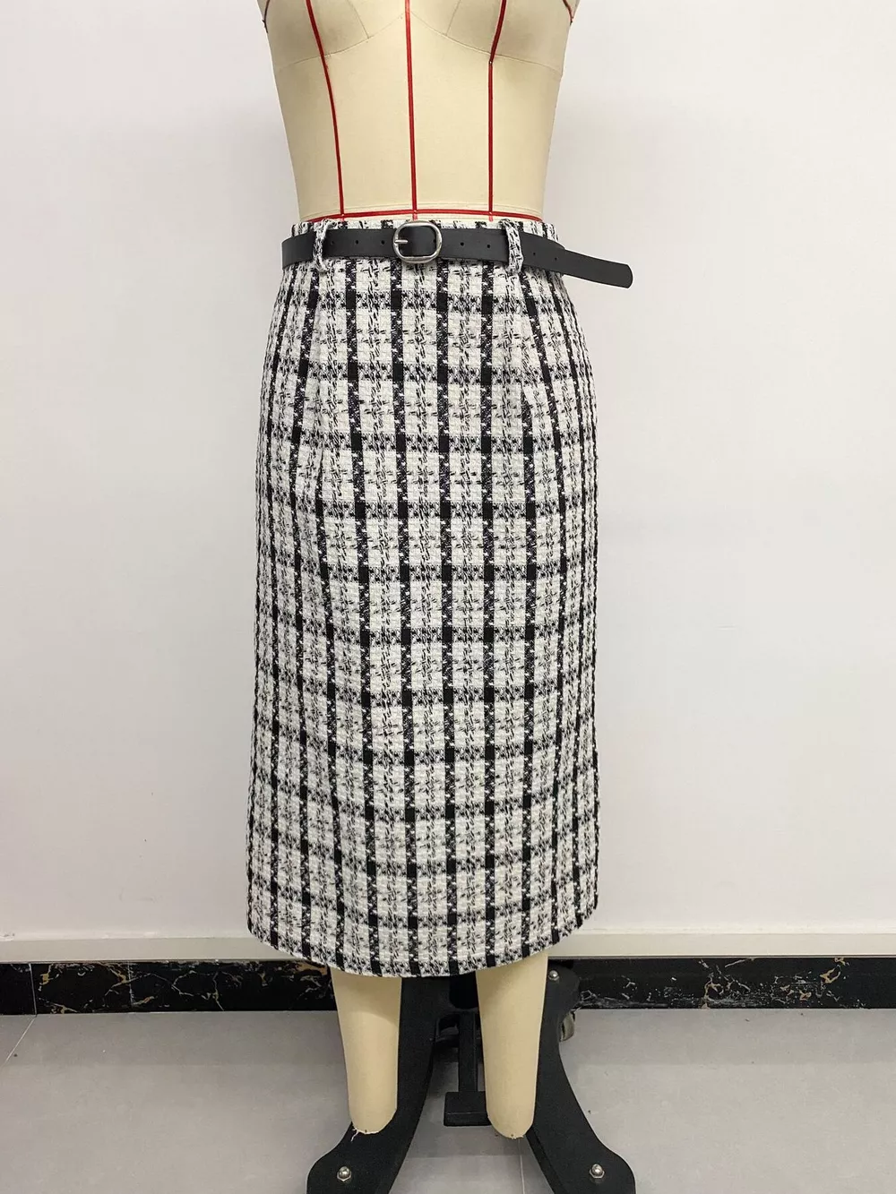 High-Waisted Tweed Plaid Midi Skirt, image 13