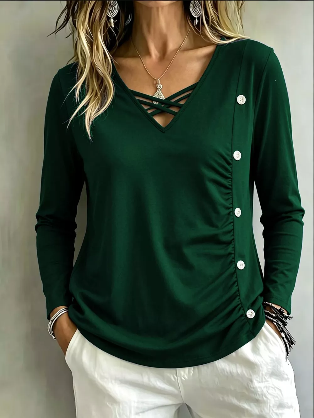Plus Size Decorative Button Criss-Cross Long Sleeve Top, image 7