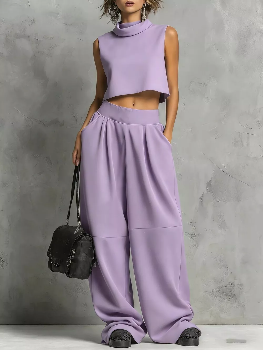 Sleeveless Mock Neck Crop Top and Wide-Leg Sweatpants Set, image 6
