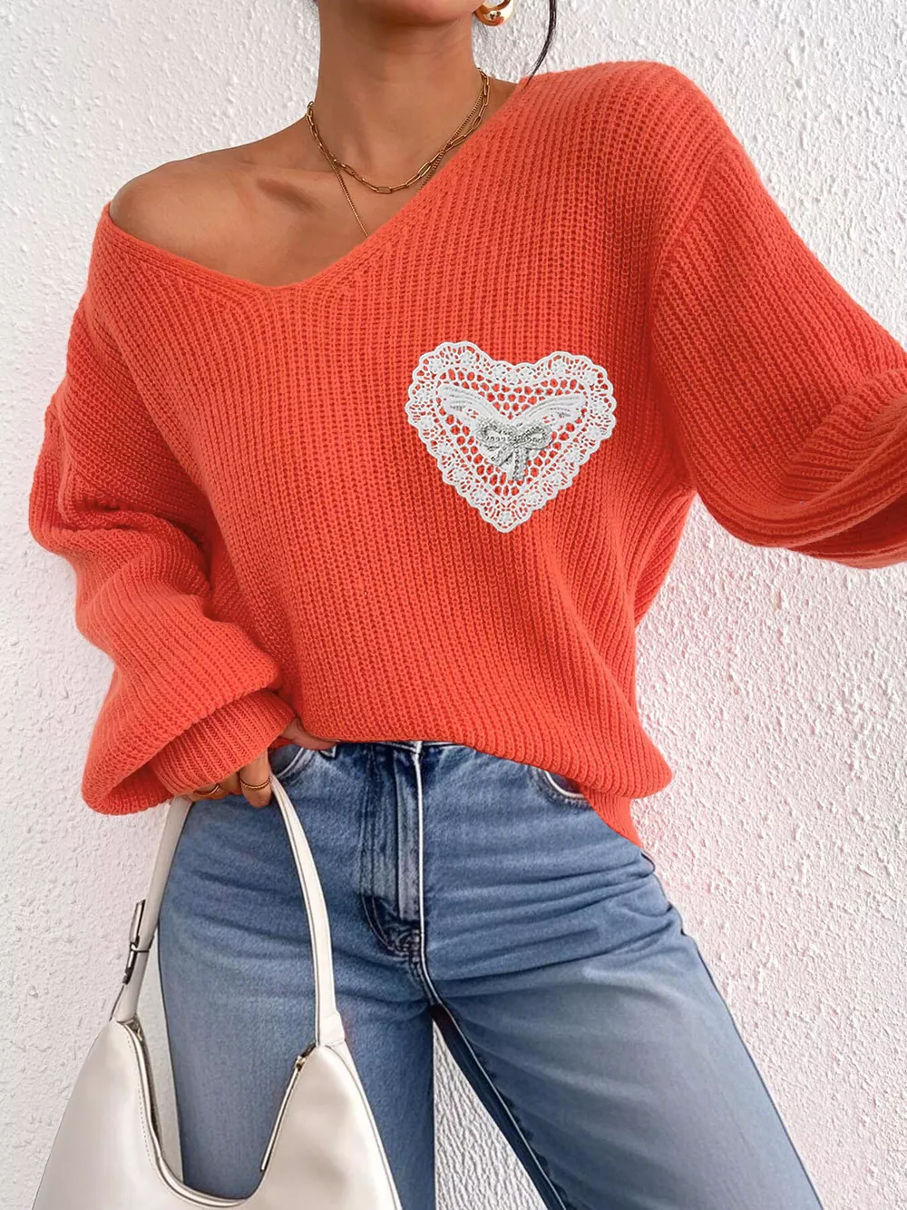 Lace Heart Dropped Shoulder Sweater, image 5