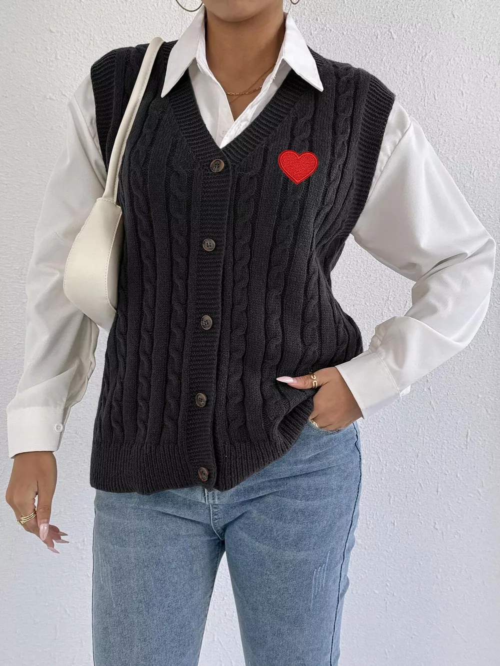 V-Neck Cable Knit Button-Down Sweater Vest with Heart Embroidery, image 4