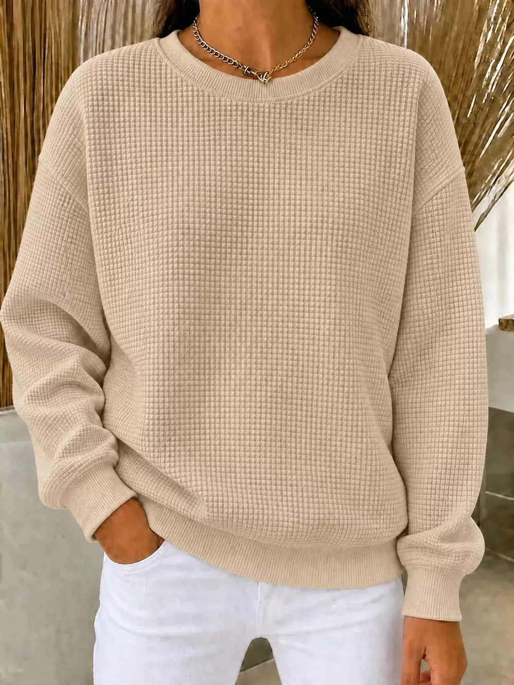 Full Size Waffle Knit Crewneck Sweatshirt Plus Size, image 13