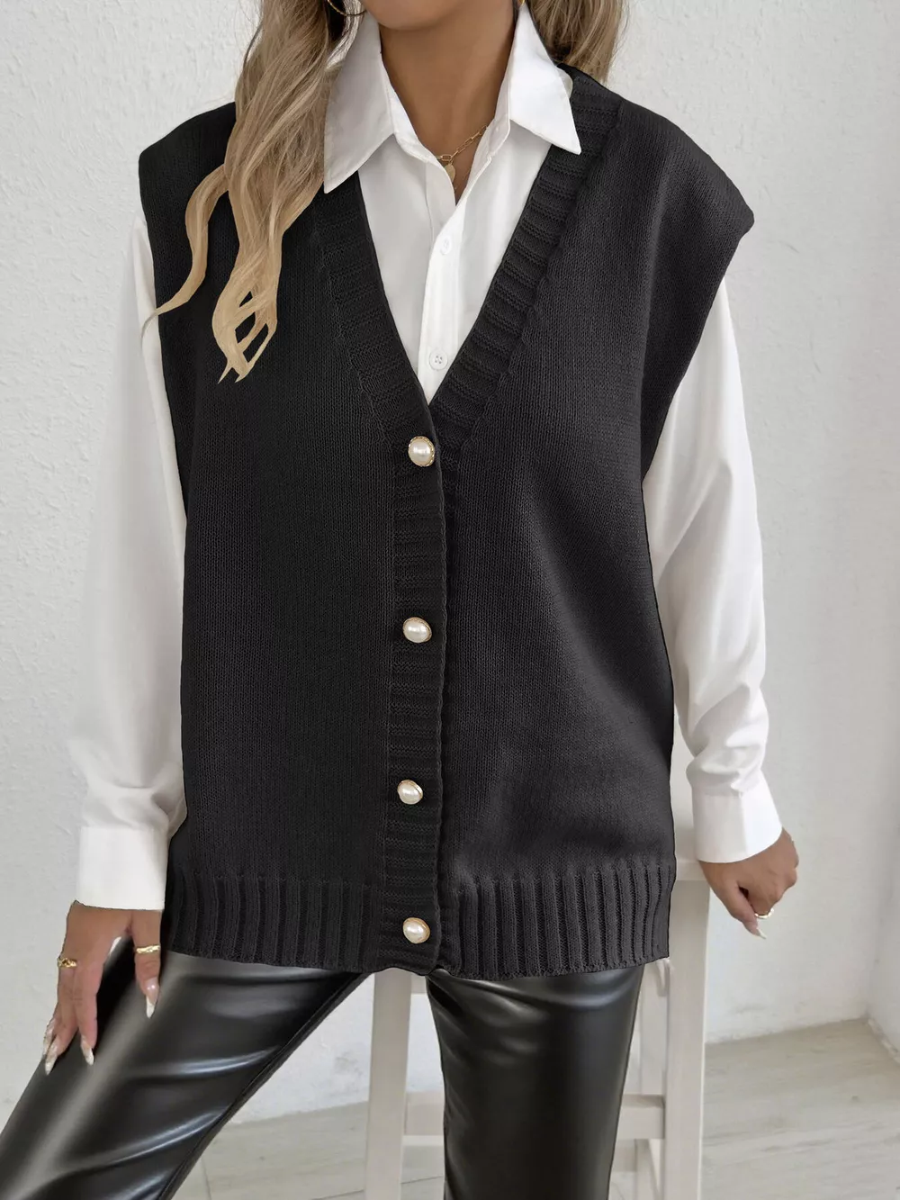 V-Neck Button-Front Knit Sweater Vest, image 9