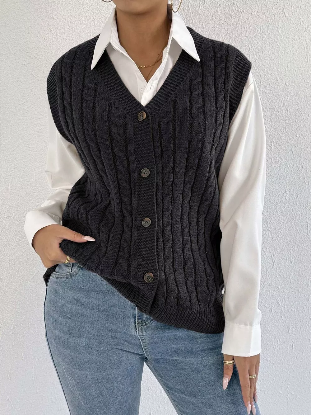 Cable-Knit Button-Up Sweater Vest
