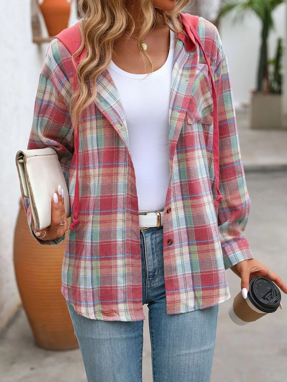 Hooded Plaid Button-Up Shirt, image 25