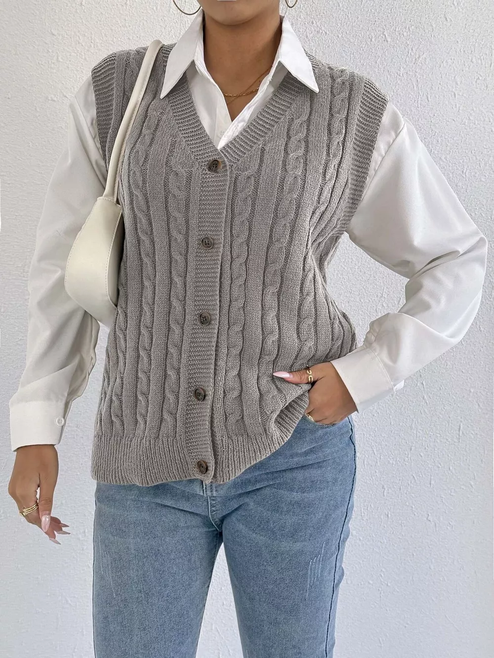 Cable-Knit Button-Up Sweater Vest, image 12
