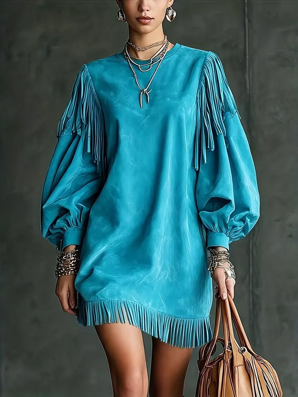 Fringe Detail Lantern Sleeve Mini Dress, image 10