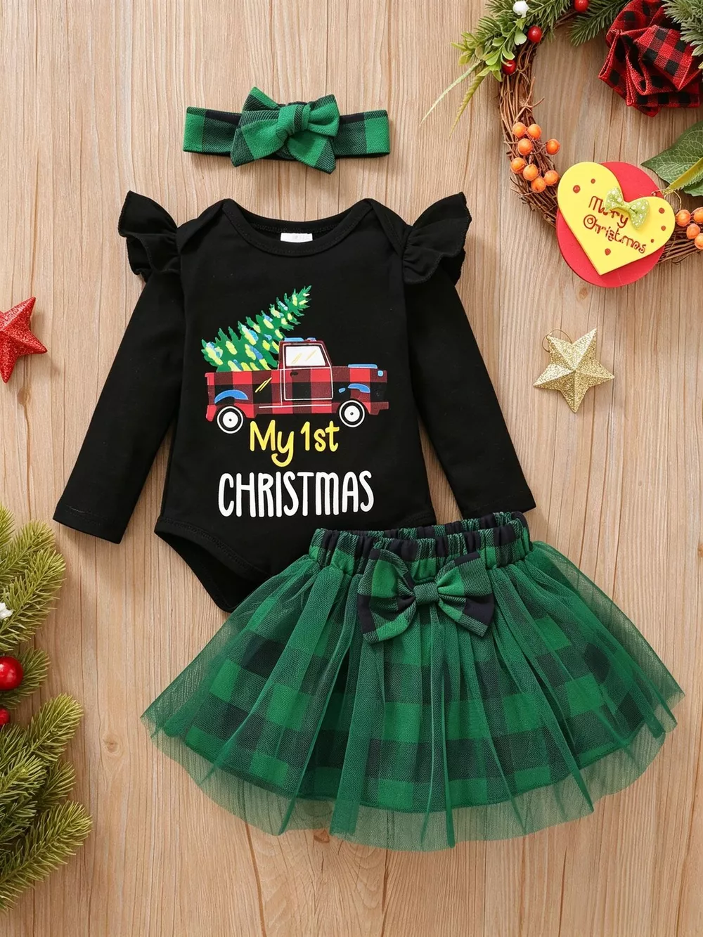 Children's Christmas Themed Top and Plaid Tutu Skirt Set with Headband, image 2