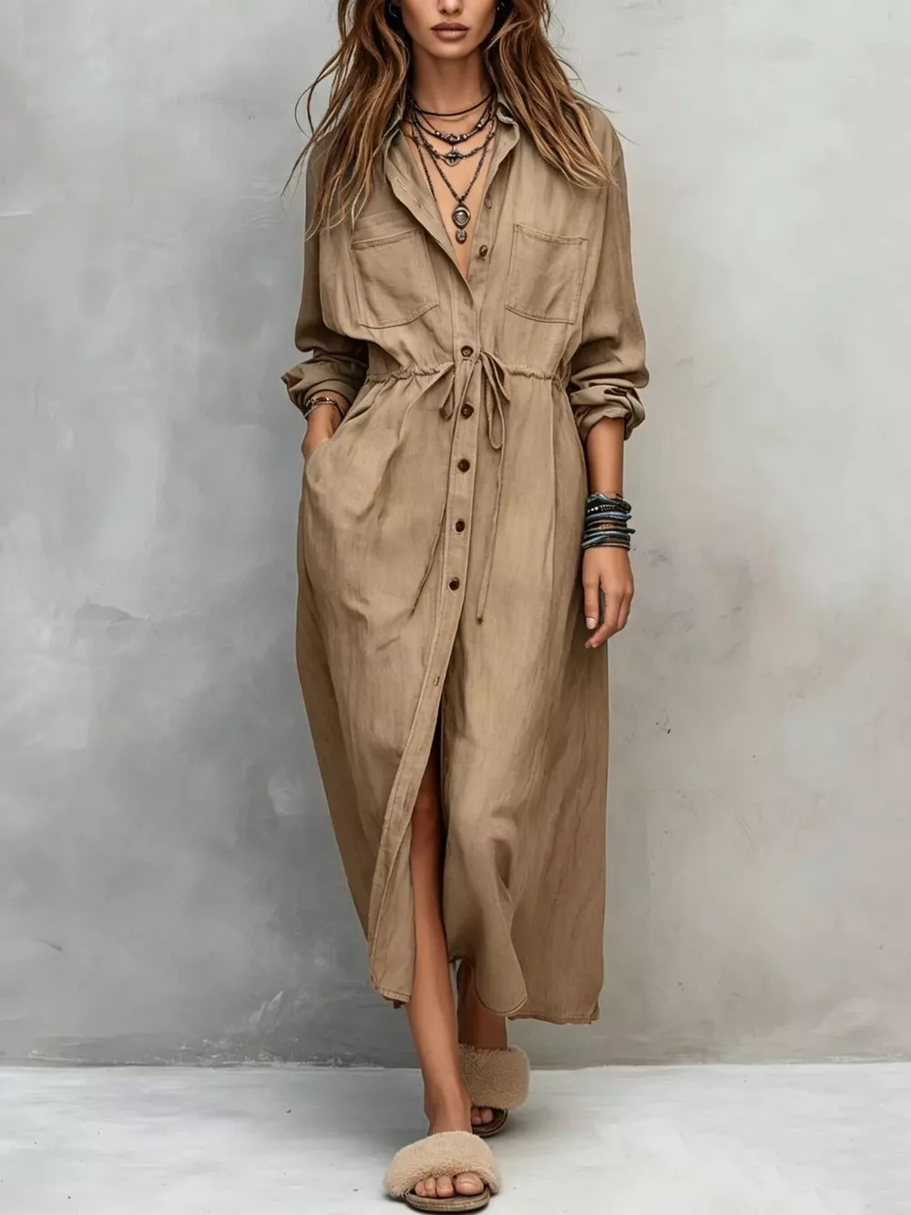 Full Size Button Front Long Sleeve Shirt Dress Plus Size, image 8