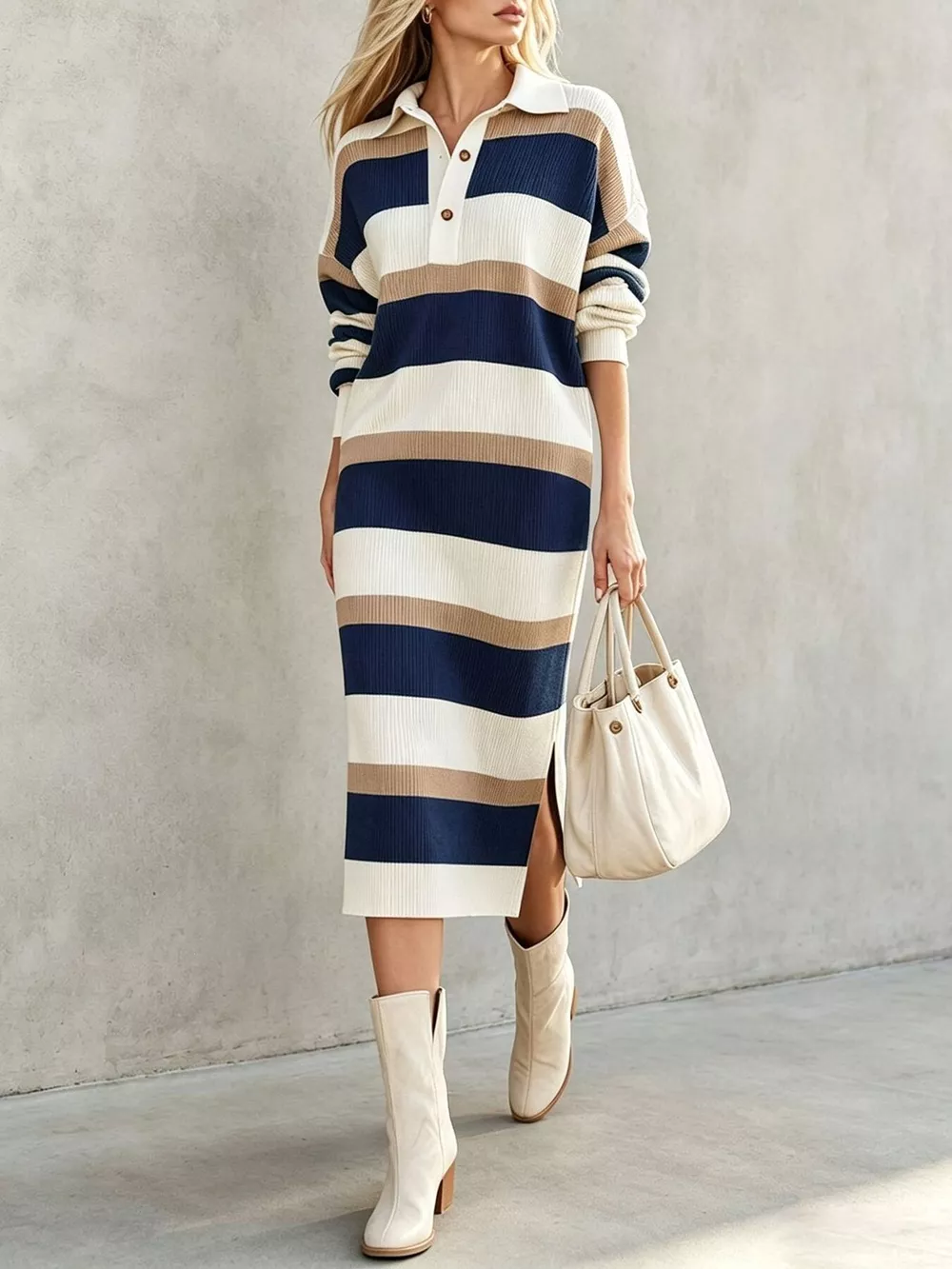 Striped Polo Collar Long Sleeve Sweater Dress, image 9