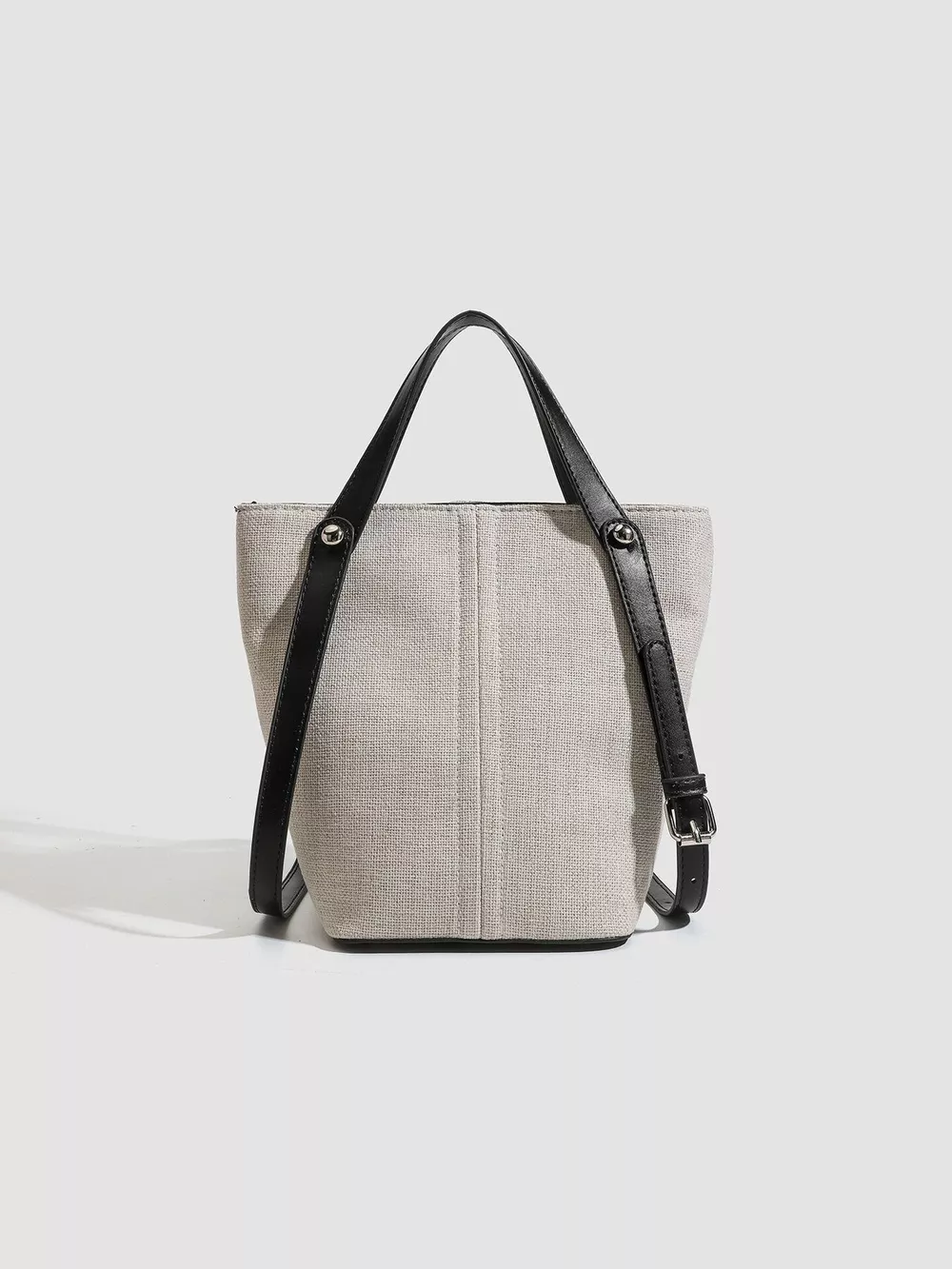 Canvas Bucket Handbag with Contrast Leather Straps, image 5