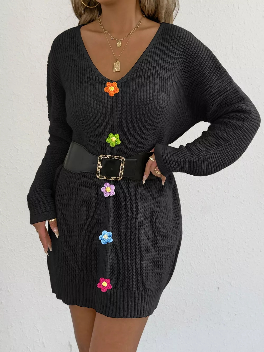 V-Neck Ribbed Sweater Dress with Floral Appliques, image 9