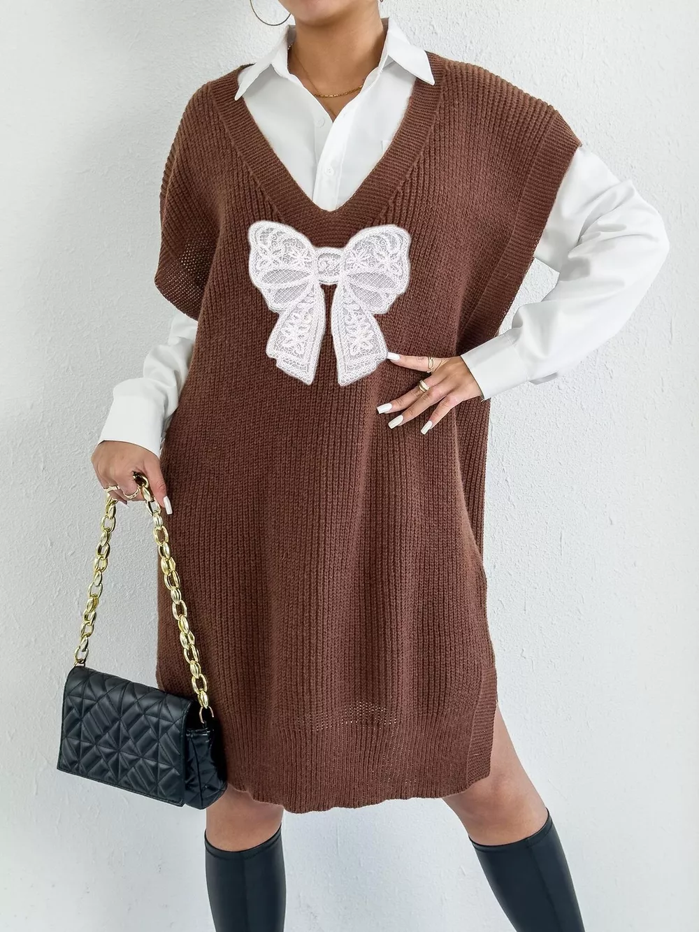 Embroidered Bow V-Neck Sweater Vest, image 3