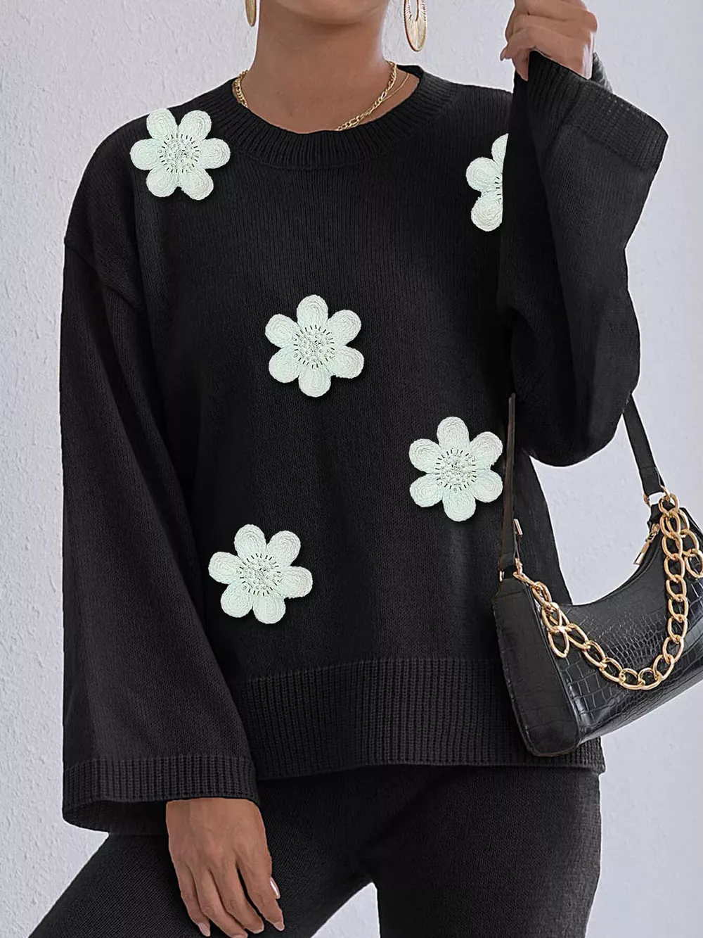 Floral Applique Crew Neck Sweater, image 3