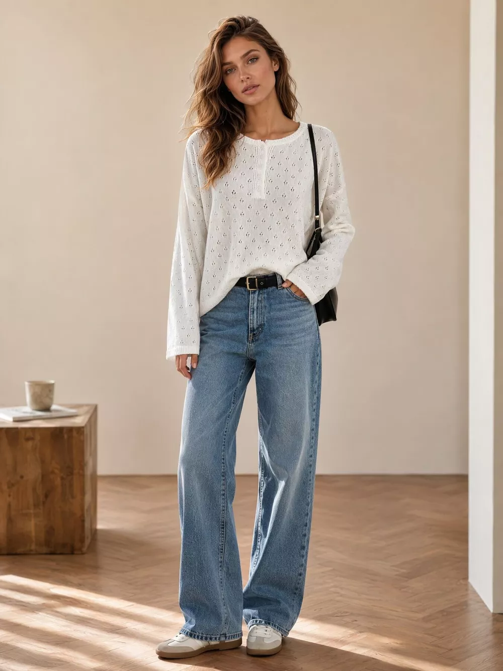 Pointelle Button-Front Round Neck Knit Top, image 5