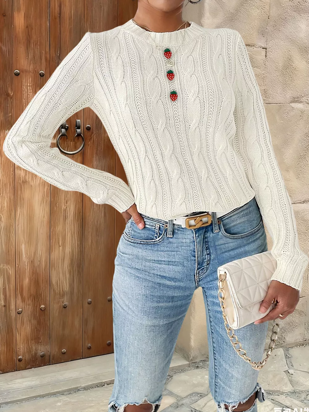 Strawberry Embellished Cable Knit Round Neck Sweater, image 3
