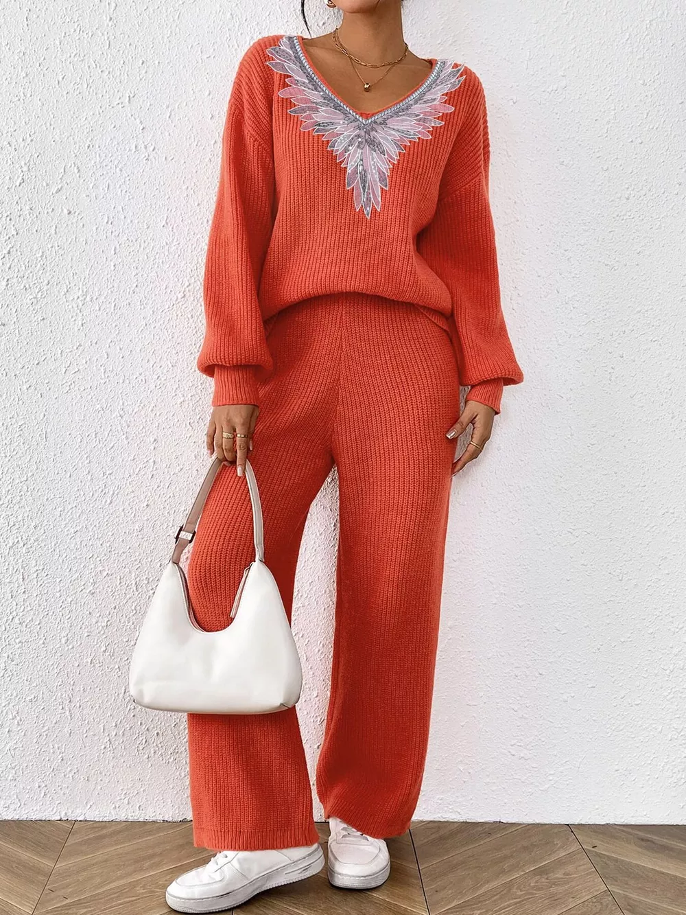 V-Neck Sweater and Pants Sweater Set, image 12