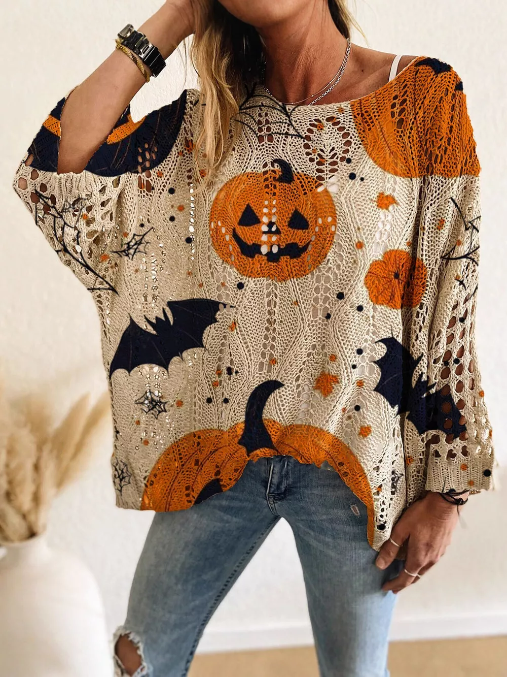 Full Size Halloween Pumpkin Loose Knit Cover Up Plus Size, image 2