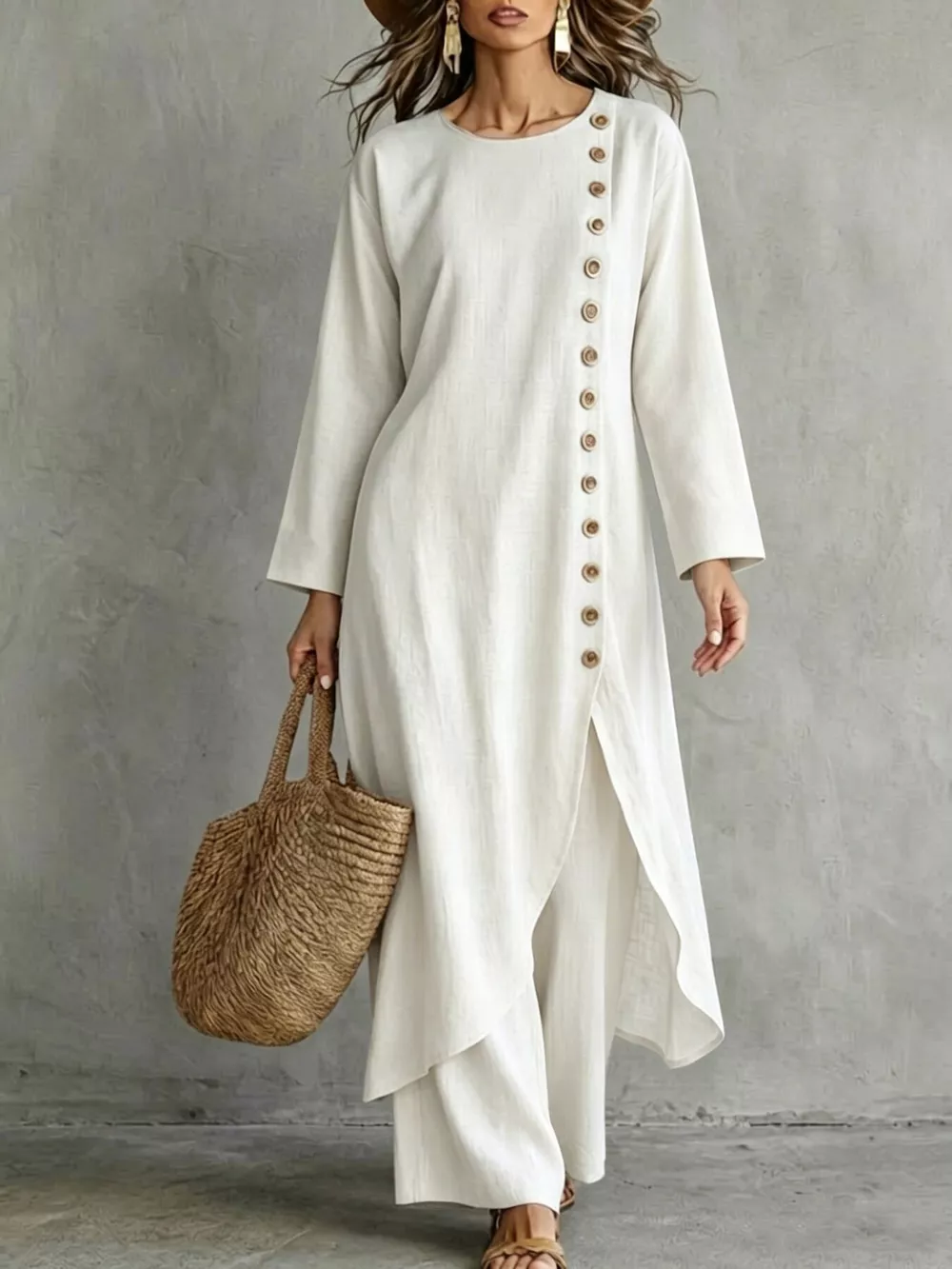 Full Size Side-Buttoned Longline Top and Pants Set Plus Size