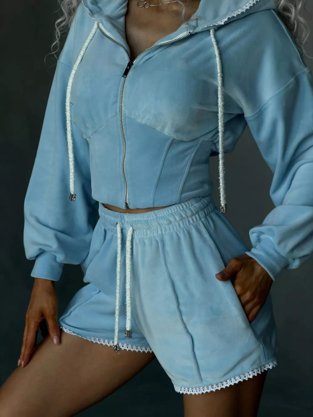 Drawstring Zip-Up Hoodie and Shorts Set, image 10