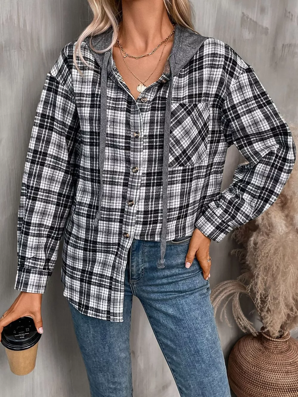 Hooded Plaid Button-Up Shirt, image 4