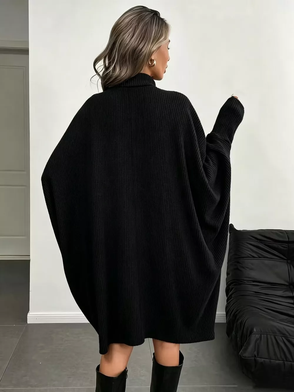Oversized Batwing Sleeve Ribbed Knit Turtleneck Dress, image 8