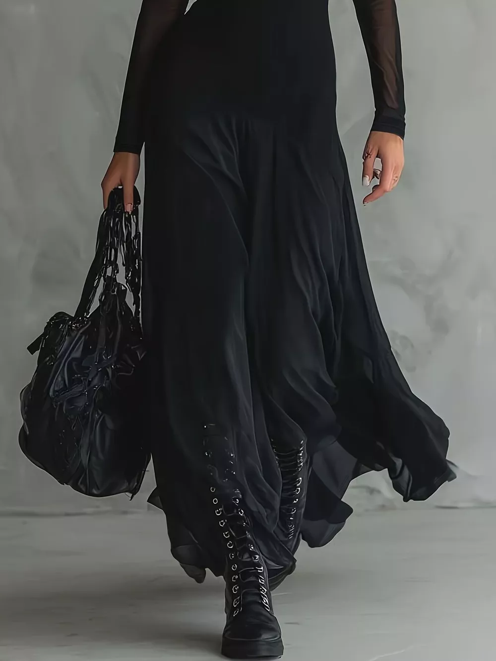 Elegant Gothic Sheer Mesh Long Sleeve Maxi Dress, image 3