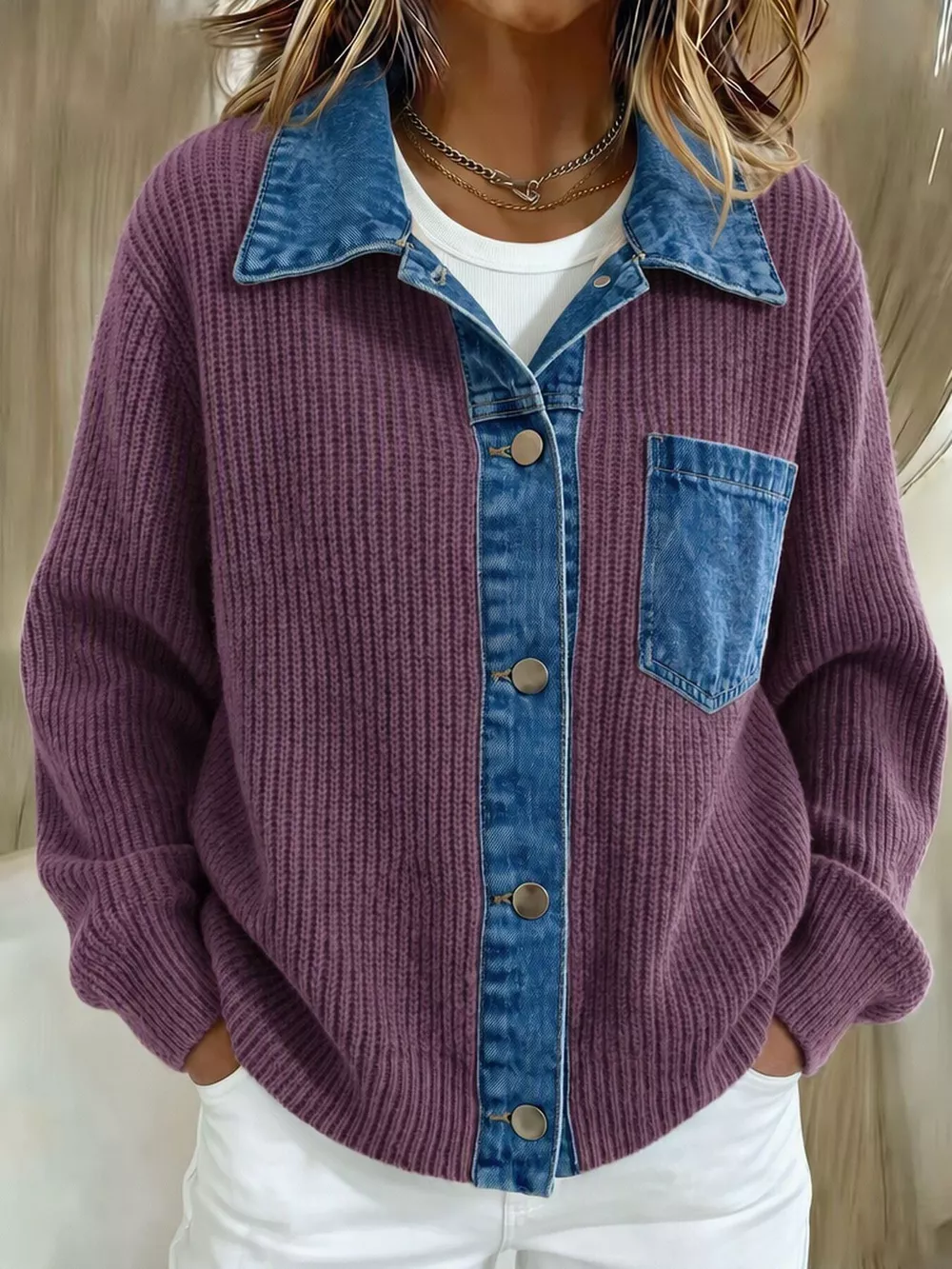 Denim Trim Button Up Cardigan, image 9
